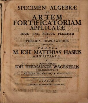 Specimen algebrae ad artem fortificatoriam applicatae