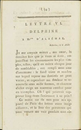 Lettre VI. Delphine à Mlle. d’ Albémar, Bellerive 6 Août.