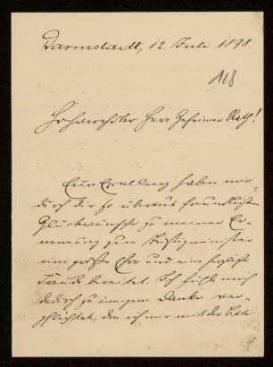 118: Brief von Gustav Dittmar an Gottlieb Planck, Darmstadt, 12.7.1898