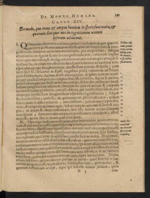 Caput XIV. De modo, quo mens & corpus hominis in specie sunt unita, & quaenam sint quae nos in cognitionem unionis ipsorum adducunt.