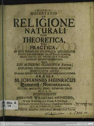 Dissertatio De Religione Naturali Cum Theoretica Tum Practica ...