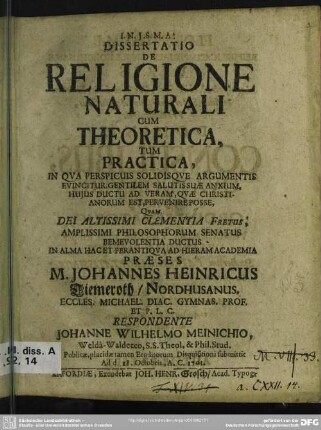 Dissertatio De Religione Naturali Cum Theoretica Tum Practica ...