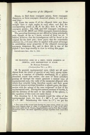 On principal axes of a body, their moments of inertia, and distribution in space.