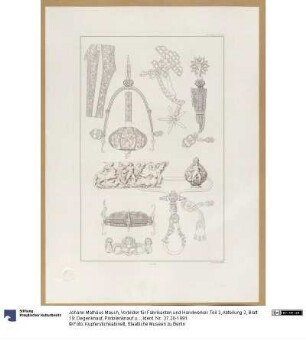 Vorbilder für Fabrikanten und Handwerker. Teil 2, Abteilung 2, Blatt 19: Degenknauf, Pistolenknauf und Sporen aus dem Museum in Kassel und aus einer Sammlung in Goodrich Court, Herefordshire
