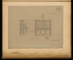 Pianino Monatskonkurrenz Juni 1875: Aufriss Vorderansicht, Seitenansicht; Maßstabsleiste, Erläuterungstext