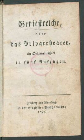 Geniestreiche, oder das Privattheater : ein Originallustspiel in fünf Aufzügen