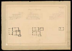 Pfarrhaus Monatskonkurrenz November 1836: Grundriss Untergeschoss, Erdgeschoss, Dachgeschoss, Aufriss Vorderansicht, Hangseite, Längsschnitt; Maßstabsleiste