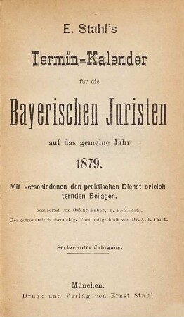 Stahl's Terminkalender für die bayerischen Juristen, 16. 1879