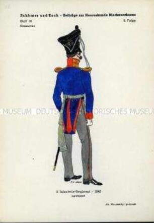Uniformdarstellung, Leutnant des 3. Infanterie-Regiments, Königreich Hannover, 1840.