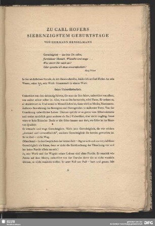 Zu Carl Hofers siebzigsten Geburtstage