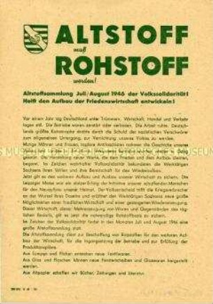 Aufruf des Kreisausschusses Dresden-Stadt/Land der Volkssolidarität zu einer Altstoffsammlung