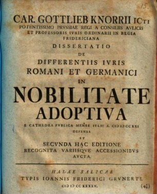 Diss. acad. de differentiis iuris romani et germanici in nobilitate adoptiva