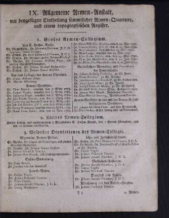 IX. Allgemeine Armen-Anstalt mit beygefügter Eintheilung sämmtlicher Armen-Quartiere, und einem topographischen Register.