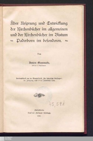 Über Ursprung und Entwicklung der Kirchenbücher im allgemeinen und der Kirchenbücher im Bistum Paderborn im besonderen