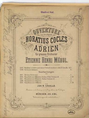 Ouverture : zu d. Opern Horatius Coclès u. Adrien ; für grosses Orchester
