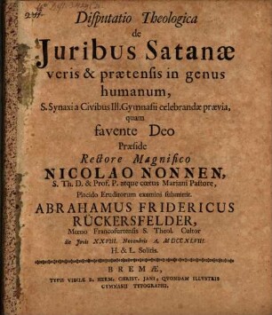 Disp. theol. de iuribus Satanae veris et praetensis in genus humanum