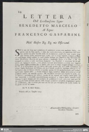 Lettera Benedetto Marcello - Franceso Gasparini