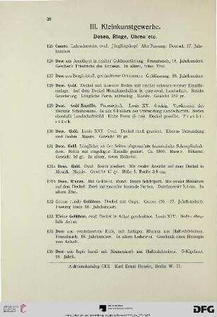 III. Kleinkunstgewerbe. Dosen, Ringe, Uhren, etc. (Nr. 125-159)