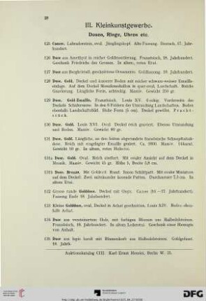 III. Kleinkunstgewerbe. Dosen, Ringe, Uhren, etc. (Nr. 125-159)