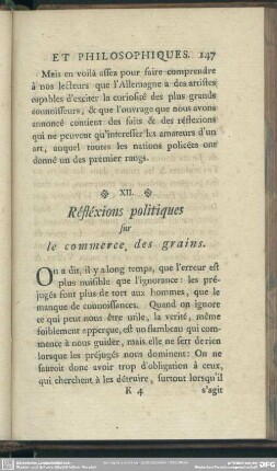XII. Réfléxions politiques sur le commerce des grains
