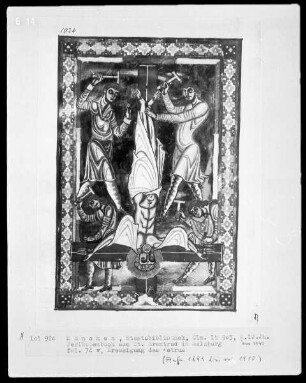Perikopenbuch aus dem Benediktinerinnenkloster Sankt Erentrud auf dem Nonnberg — Kreuzigung Petri, Folio 74verso