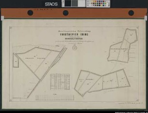 "Forstinspection Palsterkamp, Forstrevier Iburg. Forstbegang Scheventorf. Domanialforsten, früher zu den Gütern Scheventorf und Schleppenburg gehörend" Zwei Teilzeichnungen mit einem Flächenverzeichnis. Ausf.-Art: Farbige Zeichnung Herst.: G. W. Appuhn Format: 47 x 80 cm Maßstab: 1 : 3200