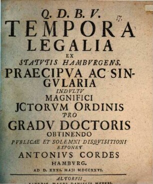 Tempora legalia ex statutis Hamburgens. praecipua ac singularia