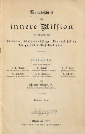 Monatsschrift für innere Mission mit Einschluß der Diakonie, Diasporapflege, Evangelisation und gesamten Wohltätigkeit, 7. 1887