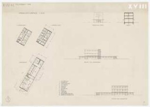Studienarbeiten: Preisarbeit, Entwurf für Kraftwagenhof, Verwaltungsgebäude, verschiedene Ansichten und Grundrisse, 1:200