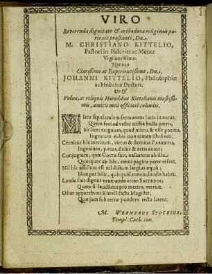 Viro dignitate & orthodoxa [...] Dn. M. Christiano Kittelio, [...] Dn. Johanni Kittelio [...]