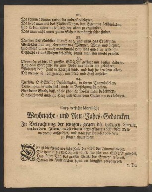 Kurtz-verfaßte Moralische Weyhnacht- und Neu-Jahrs-Gedancken, ...