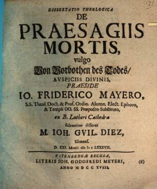 De praesagiis mortis, dissertatio