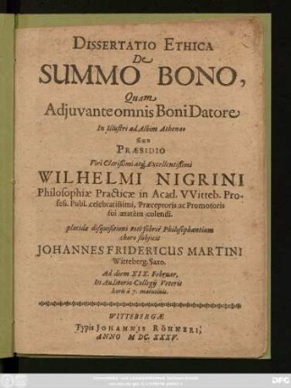 Dissertatio Ethica De Summo Bono
