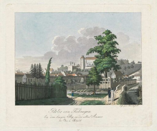 Partie von Tübingen bey dem langen Steg an der alten Ammer : Kolorierte Lithographie/Radierung