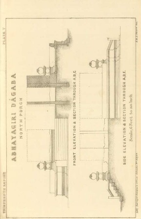 Plate V. Abhayagiri Dágaba. North porch. Front elevation & section through A. B. C. Side elevation & section through A. D. E.