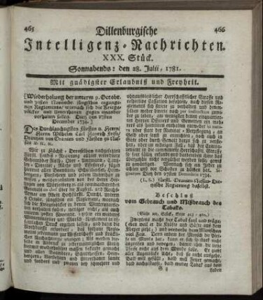 XXX. Stück. Sonnabends: den 28. Julii 1781.
