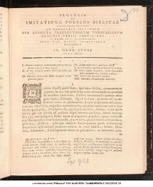 Prolvsio De Imitatione Poeseos Biblicae : Invitationi Decenti Ad Panegyrin Sollemnem Svb Avspicia Praelectionvm Ordinariarvm Exactis Feriis Cerealibvs D. XXIIII. Sept. A. MDCCLIII. ... Celebrandam Praemissa A Io Henr. Stvss Gymn. Rect. ; [P.P. D. XXIII. Sept. A. MDCCLIII.]