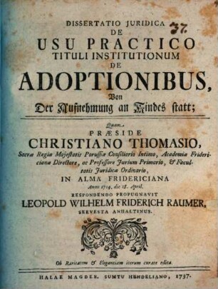 Dissertatio Juridica De Usu Practico Tituli Institutionum De Adoptionibus, Von der Aufnehmung an Kindes statt