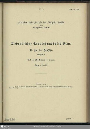 II. Etat der Zuschüsse. Abschnitt F. Etat des Ministeriums des Innern. Kap. 42-72
