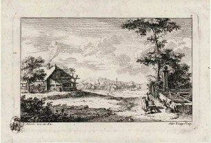 Serie von 14 Landschaften; Bl. 2: Bauernhaus und waschende Frau
