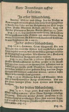 Kurtze Anmerckungen auff die Felicitas.