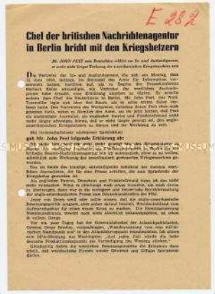 Sonderdruck der Presseerklärung von Mr. Peet vom Reuterbüro Berlin im Amt für Information der DDR über britisch-amerikanische Beziehungen, Aufstellung der Bundeswehr und Arbeit der Journalisten