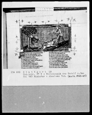 Weltchronik des Rudolf von Ems — Absaloms Tod, Folio 163recto