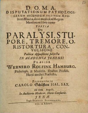 Disputationum Pathologicarum Secundum Ordinem Abubetri Rhazae, de re medica ad Regem Mansorem libro nono Tertia De Paralysi, Stupore, Tremore, Oristortura, Convulsione