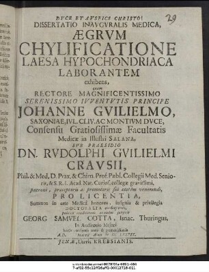 Dissertatio Inauguralis Medica, Aegrum Chylificatione Laesa Hypochondriaca Laborantem exhibens