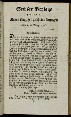 Sechste Beylage zu den Leipziger gelehrten Anzeigen - Zum 15ten März 1796.