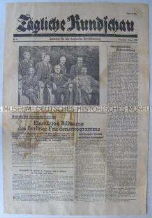 Sowjetische Tageszeitung für die deutsche Bevölkerung "Tägliche Rundschau" zum Abschluss der Berliner (Potsdamer) Konferenz der Alliierten mit Reaktionen auf das Potsdamer Abkommen