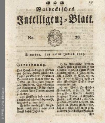 No. 29, Dienstag, den 21ten Julius 1807