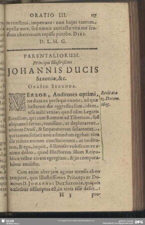 Oratio III. Parentaliorum. Principis Illustrißimi Johannis Ducis Saxoniae, &c. Oratio Secunda