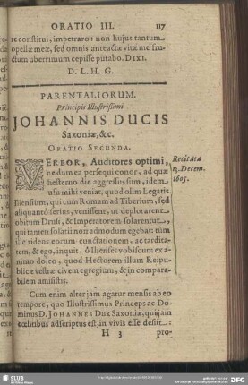 Oratio III. Parentaliorum. Principis Illustrißimi Johannis Ducis Saxoniae, &c. Oratio Secunda